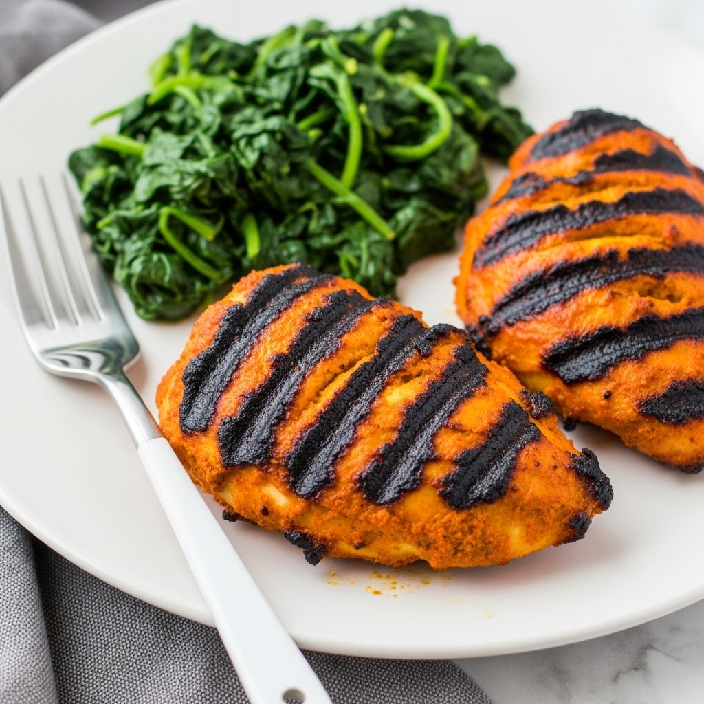 A close-up of a white plate with two pieces of grilled chicken coated in a bright orange, slightly charred spice mix with blackened grill marks, placed on the right and center of the plate. On the left side, there is a portion of cooked dark green spinach, slightly wet and clumped. A white fork rests on the left edge of the plate over a gray cloth, which is on a white marbled surface. The colors are vivid and the textures show the crispiness of the chicken skin and softness of the spinach. photo taken with an iphone --ar 4:5 --v 7