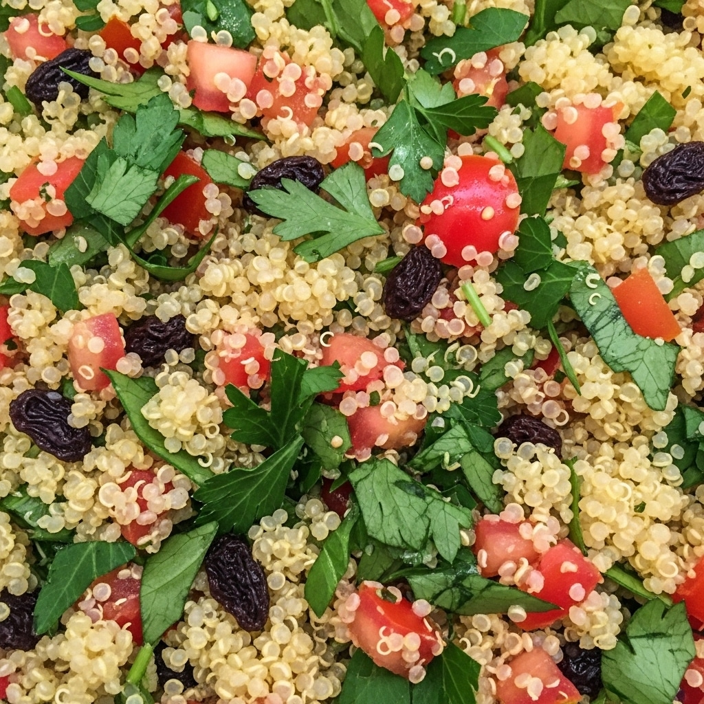 A close-up view of a quinoa salad mixed evenly with finely chopped green parsley, small diced red tomatoes, and tiny black raisins scattered throughout. The quinoa grains are pale yellow with a slight translucent texture, creating a soft and fluffy base layer. The parsley adds a fresh, leafy green color on top with a slightly rough texture. The diced tomatoes bring small pops of bright red, while the raisins add darker brown spots for contrast. The salad pieces are closely packed, showing a fresh, healthy mix. photo taken with an iphone --ar 4:5 --v 7