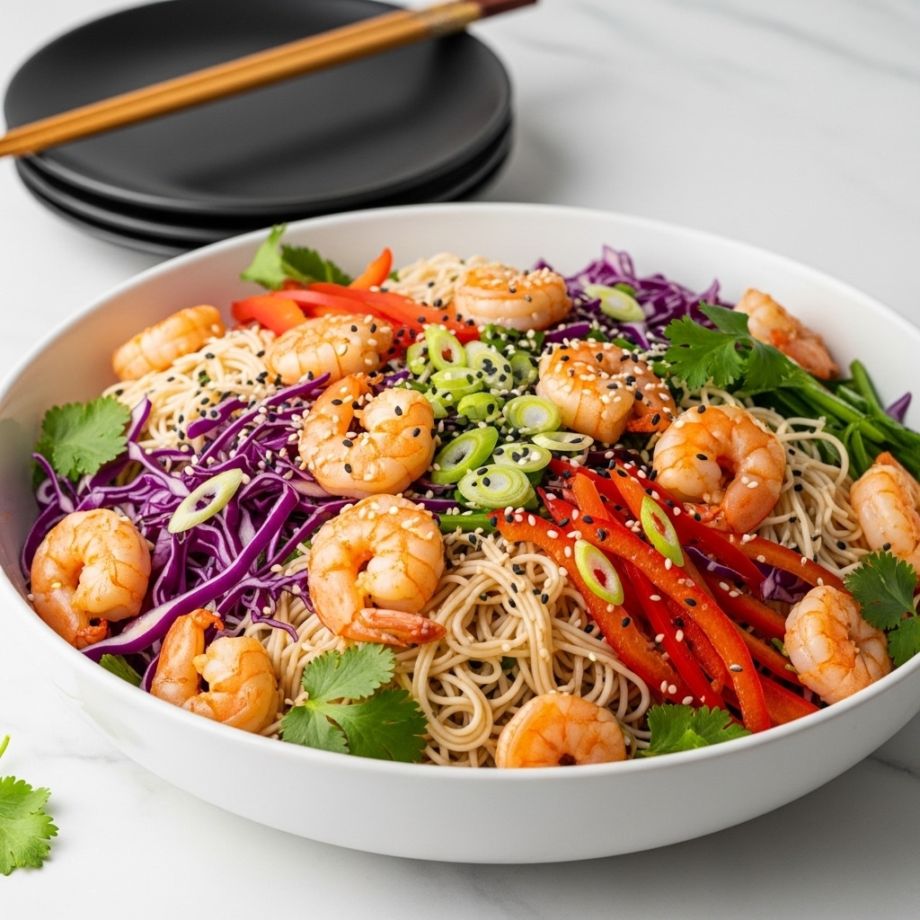 A large white bowl filled with a colorful shrimp noodle salad sits on a white marbled surface. The salad has multiple layers starting with thin, pale noodles mixed with bright orange cooked shrimp scattered evenly throughout. Interspersed with the shrimp and noodles are shredded purple cabbage and thin strips of red bell pepper, creating striking patches of color. Green onion slices and fresh cilantro leaves are sprinkled on top and throughout, adding green highlights. Black and white sesame seeds dot the surface, providing texture contrast. In the background, two stacked black plates with a pair of wooden chopsticks resting on top complete the scene. photo taken with an iphone --ar 4:5 --v 7
