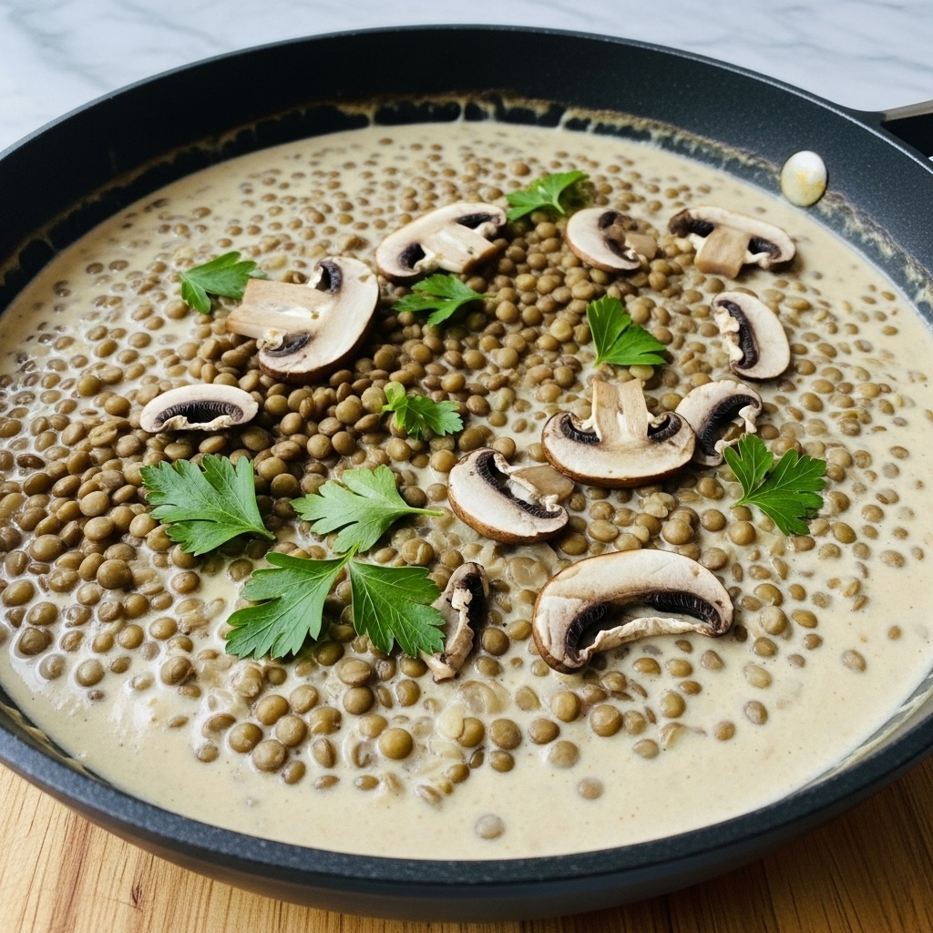 A close-up view of a creamy dish in a black skillet, filled with three main layers; the base layer is a thick beige cream sauce, the middle layer contains small round brown lentils spread evenly throughout, and the top layer is scattered with thinly sliced brown mushrooms and fresh green parsley leaves. The texture of the dish looks smooth with chunks and dots from the lentils and mushrooms. The skillet sits on a wooden surface with a white marbled texture in the background. photo taken with an iphone --ar 4:5 --v 7