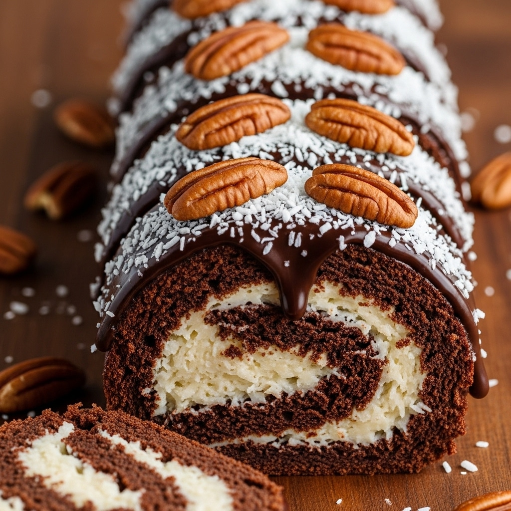 The image shows a rich chocolate roll cake cut into slices with visible layers inside. The outer layer is a dark, moist chocolate cake rolled tightly around a creamy, light coconut filling. On top, there is a thick layer of shiny dark chocolate glaze dripping slightly down the sides. Sprinkled generously over the glaze are shredded white coconut flakes, and whole shiny brown pecan nuts are arranged in a line over the top of each slice. The cake slices rest on a dark wooden surface, highlighting the contrast of the cake’s colors. Photo taken with an iphone --ar 4:5 --v 7