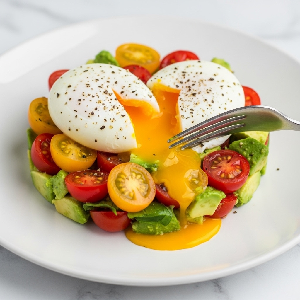A white plate holds a layered dish starting with a base of chopped avocado pieces mixed with halved cherry tomatoes in red and golden-yellow colors, creating a vibrant, chunky foundation. On top, two poached eggs with smooth, shiny white surfaces and soft, runny yellow yolks slightly oozing out are placed side by side, both sprinkled lightly with black pepper. A fork is pressing the right egg, allowing the yolk to break and flow onto the colorful base beneath. The plate is set on a white marbled texture. Photo taken with an iphone --ar 4:5 --v 7