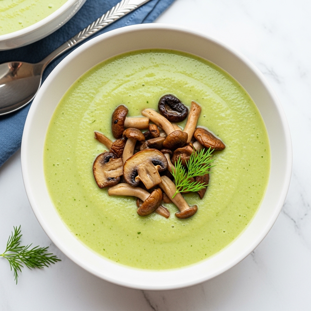 A white bowl filled with smooth light green soup, around three-quarters full, topped with a mix of sautéed mushrooms showing different shades of brown and beige with slight gloss, and two small bright green dill sprigs resting near the mushrooms. The bowl sits on a white marbled texture with part of another bowl and a spoon on a blue cloth visible near the top left corner. Photo taken with an iphone --ar 4:5 --v 7