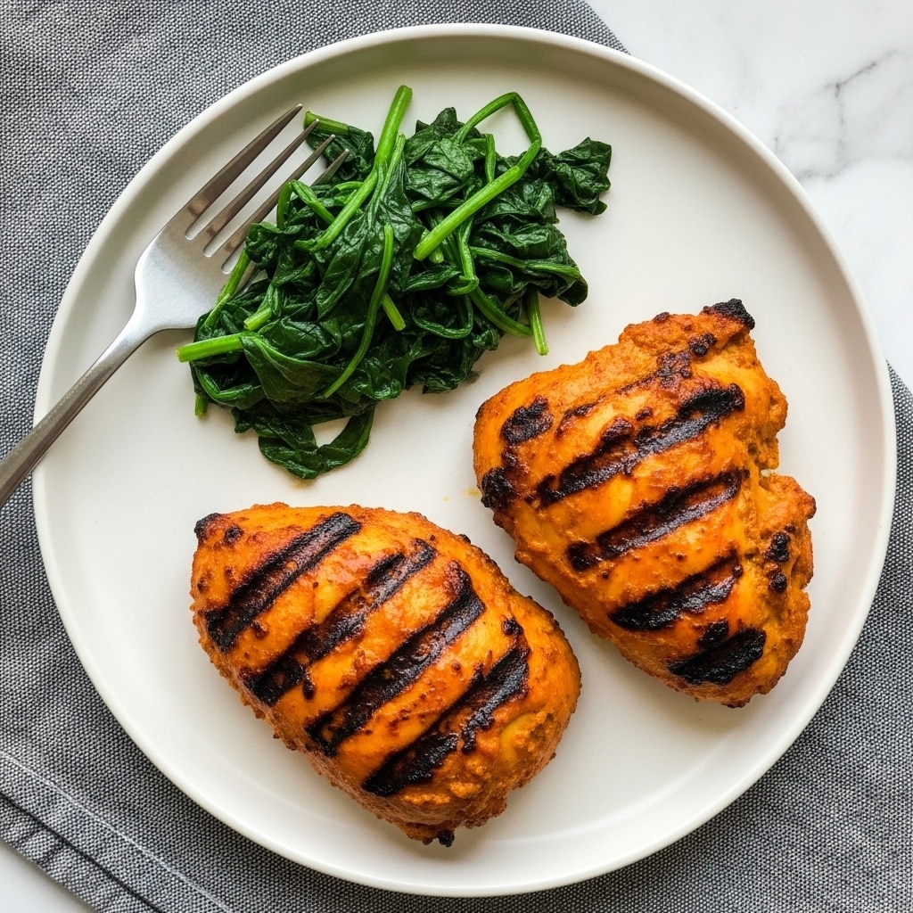 The image shows a white round plate with two grilled pieces of orange-brown chicken placed on the right side and bottom center. The chicken pieces have a slightly charred texture with darker spots and a rough, uneven surface. On the top left of the plate, there is a small pile of bright green cooked spinach with visible soft stems. A silver fork rests on the edge of the plate at the top left, slightly touching the spinach. The plate is set on a grey textured cloth, all against a white marbled surface background. photo taken with an iphone --ar 4:5 --v 7
