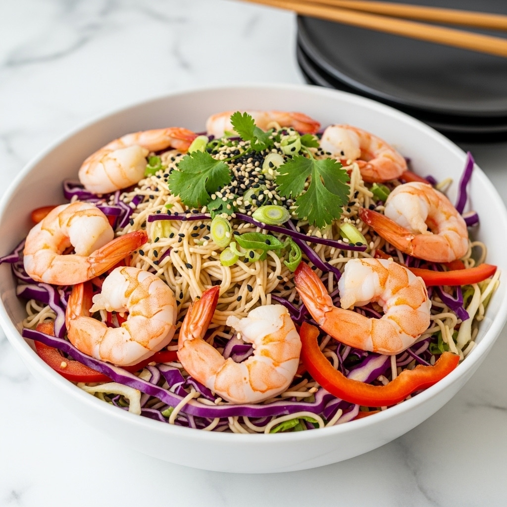 A white bowl filled with a colorful shrimp noodle salad sits on a white marbled surface. The dish has three main layers: the bottom layer is light-colored thin noodles mixed with shredded purple cabbage and red bell pepper strips, creating a mix of white, purple, and red colors. The middle layer has several pink cooked shrimp placed evenly around the bowl, adding a curved texture. The top layer is sprinkled with chopped green onions, green cilantro leaves, black and white sesame seeds, giving a fresh green and speckled finish. In the background, there are stacked dark plates and two wooden chopsticks resting on top. photo taken with an iphone --ar 4:5 --v 7