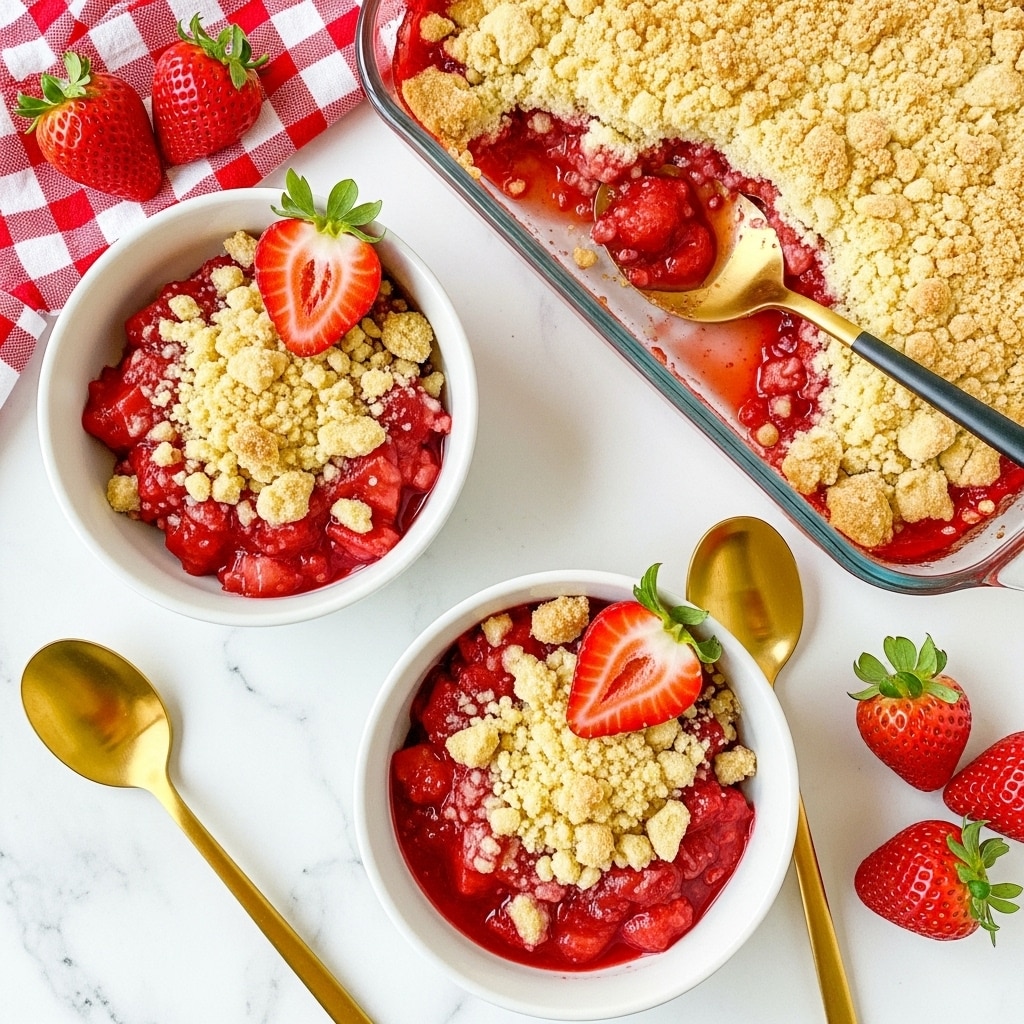 Two white bowls filled with strawberry crumble sit on a white marbled texture. Each bowl has a base layer of bright red, juicy cooked strawberries mixed with a thick syrup, topped with light golden crumbly pieces. Each serving is garnished with a fresh half strawberry showing its red exterior and green leaves. Next to the bowls are two shiny gold spoons. In the top right, a glass baking dish holds more strawberry crumble with a thick layer of crumb topping and visible soft strawberry filling underneath. A gold spoon with a black handle is inside the dish. A red and white checkered cloth and fresh whole strawberries complete the scene. Photo taken with an iphone --ar 4:5 --v 7