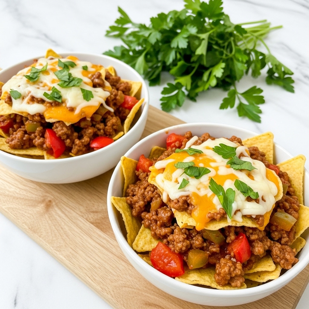 Two white bowls filled with a layered dish placed on a light wooden board over a white marbled surface. Each bowl contains roughly three layers: a base of crispy tortilla chips with a light golden color, topped with cooked ground beef mixed with diced red and green bell peppers and tomatoes in a brownish sauce. The top layer features melted, slightly browned cheese pieces and scattered fresh green parsley leaves. In the background, fresh parsley leaves rest on the white marbled texture. photo taken with an iphone --ar 4:5 --v 7