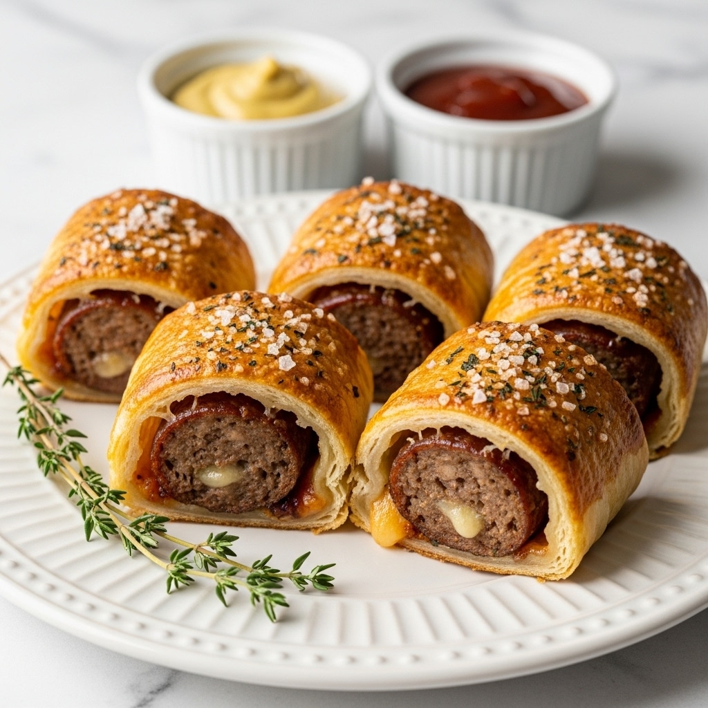This image shows four pieces of sausage rolls resting on a white plate with a slightly raised edge. The sausage rolls have a golden-brown, flaky outer layer speckled with herbs and coarse salt on top, giving a textured, crisp appearance. Each roll reveals a thick, juicy inner layer of dark brown sausage meat mixed with small bits of melted cheese creating a gooey, soft texture. Two small white ramekins sit behind the rolls, holding creamy mustard and reddish-brown sauce, placed on a white marbled surface. A sprig of fresh green thyme decorates the plate, adding a touch of color. Photo taken with an iphone --ar 4:5 --v 7