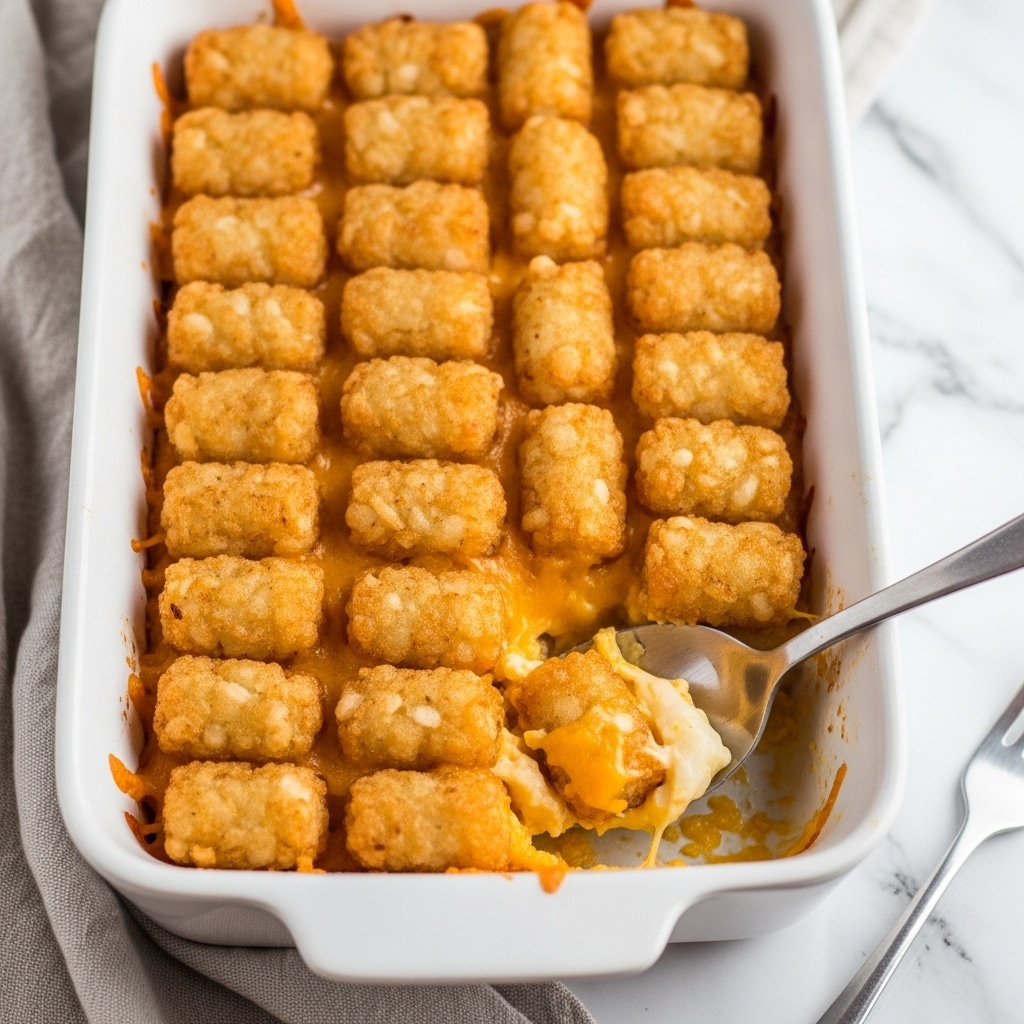 A white rectangular dish is filled with rows of golden brown tater tots neatly placed side by side in a single even layer on top. Beneath the tater tots, melted yellow cheese peeks through, showing a gooey, rich texture with a warm orange tint. A metal spoon is scooping out a portion from the dish, revealing the melted cheese underneath. The dish rests on a white marbled surface with a soft cloth beneath it, and a silver fork is visible near the bottom right corner. The overall look is baked, crispy, and cheesy. photo taken with an iphone --ar 4:5 --v 7