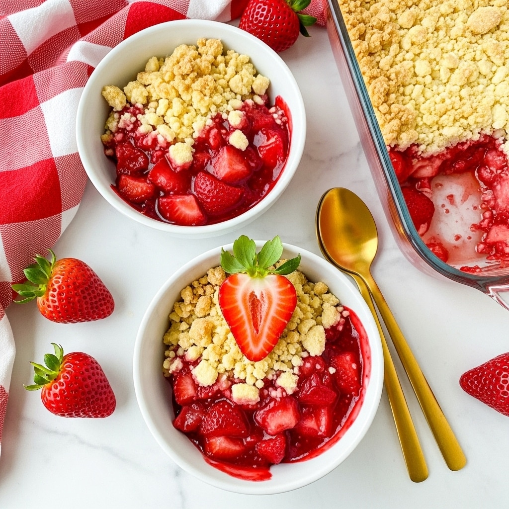 Two white bowls hold strawberry crumble dessert on a white marbled surface, each bowl showing a mix of crumbly pale golden topping and bright red strawberry filling with pieces of fruit visible. One bowl is topped with a fresh half strawberry with green leaves. Next to the bowls, there are two golden spoons and a glass baking dish filled with more strawberry crumble, showing the crumbly topping and red filling clearly. A red and white checkered cloth and fresh strawberries also surround the bowls, adding color and texture. Photo taken with an iphone --ar 4:5 --v 7