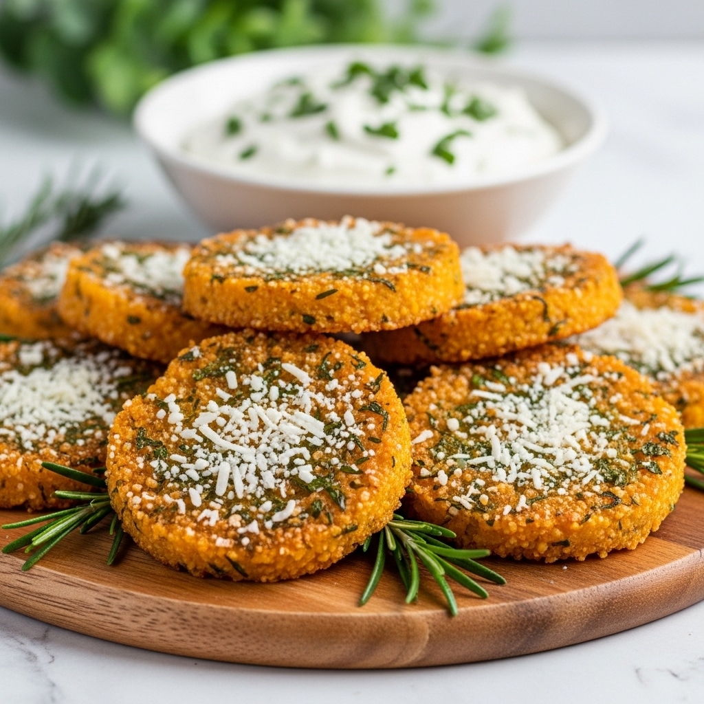 The image shows a close-up of crispy golden-orange rounds coated lightly with green herbs and white grated cheese on top, arranged in a stacked, slightly overlapping pile on a round wooden board. The rounds have a crunchy textured exterior with some browned edges and visible herbs embedded in the crust. Sprigs of fresh rosemary are placed around the base. Behind the food, there is a white bowl filled with a creamy white dip topped with small green herb pieces. The background is softly blurred with hints of green foliage, all set on a white marbled surface. Photo taken with an iphone --ar 4:5 --v 7