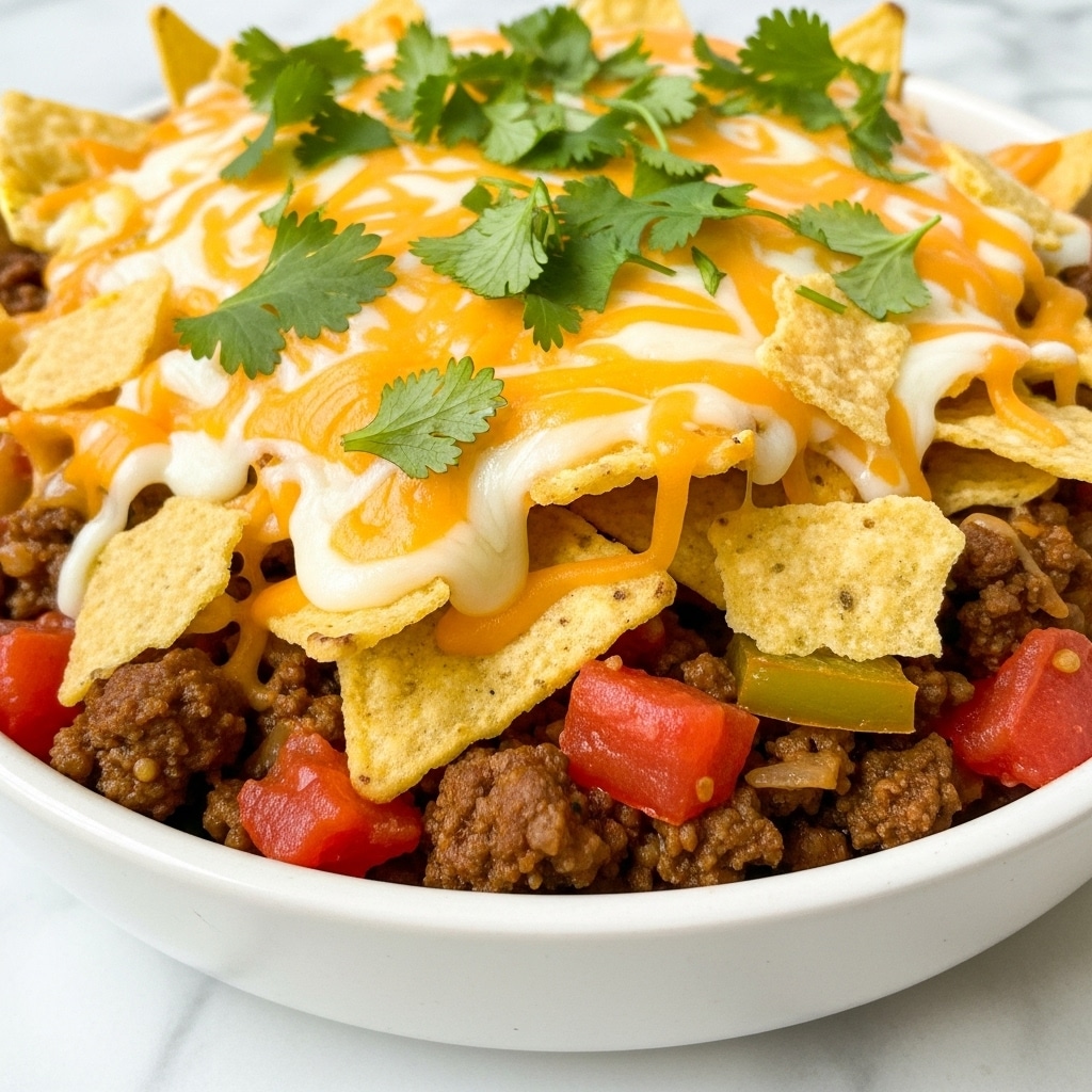 A close-up view of a cheesy nacho casserole in a white bowl, showing multiple layers: at the bottom, browned ground beef mixed with diced tomatoes and peppers, topped with a thick layer of melted shredded cheese that is yellow and white in color, scattered crunchy yellow tortilla chips mixed in, and sprinkled with fresh green chopped cilantro on top, all resting on a white marbled texture surface. photo taken with an iphone --ar 4:5 --v 7