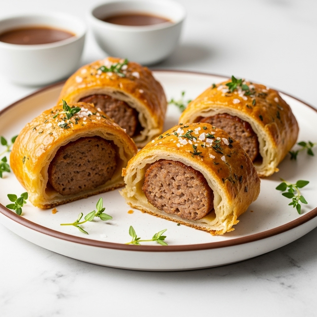 This image shows three pieces of golden-brown sausage rolls placed on a white plate with a brown edge, sitting on a white marbled surface. Each sausage roll has a flaky, crispy pastry outer layer with visible herbs and coarse salt sprinkled on top, adding texture and color. The rolls are cut open, revealing a thick layer of juicy, cooked sausage meat inside, which is rich brown with a slightly crumbly texture. Small sprigs of fresh green thyme garnish the plate around the sausage rolls. In the background, two small white bowls hold brown sauces, softly blurred. Photo taken with an iphone --ar 4:5 --v 7