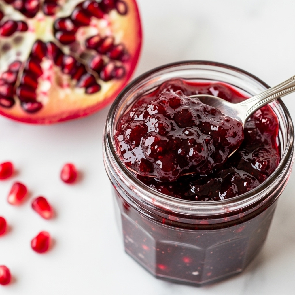 A close-up view of a small glass jar filled with thick, dark red pomegranate jam, showing a glossy, chunky texture inside. A detailed silver spoon is dipped into the jar, holding a large scoop of the jam. To the side, there is a white marbled surface with a partially opened pomegranate fruit revealing bright red seeds and some loose seeds scattered around. Photo taken with an iphone --ar 4:5 --v 7