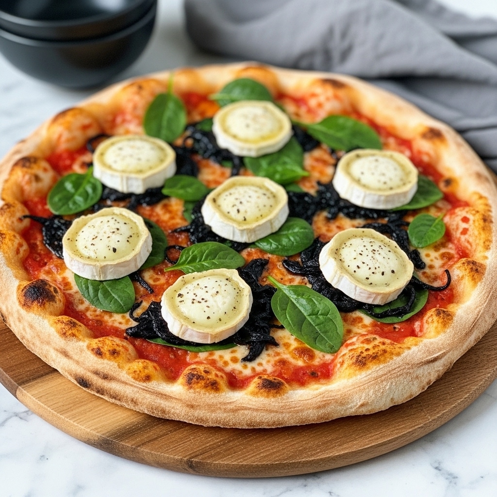 A round pizza with a lightly charred and fluffy golden crust sits on a wooden board. The base layer is a rich red tomato sauce, topped with melted cheese and several thick, white rounds of creamy goat cheese evenly spaced around the pizza. Between the cheese rounds are dark caramelized onions and fresh green spinach leaves that add bright color and texture. The pizza has a slightly uneven, rustic look with a mix of soft and crispy textures, creating a warm and inviting appearance. In the background, there are black bowls and a gray cloth on a white marbled surface. Photo taken with an iphone --ar 4:5 --v 7