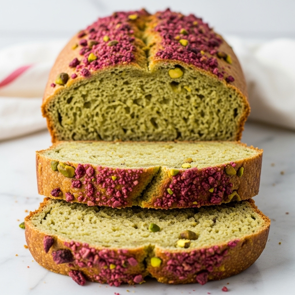 The image shows a loaf of bread with two thick slices cut from the front. The bread has a crusty outer layer that is golden brown with pink and green specks sprinkled across it. Inside, the bread is light green with a soft, crumbly texture. The loaf sits on a white marbled surface with a white cloth with red stripes slightly visible in the background. The cut slices are stacked close to each other, revealing the soft inside and the textured crust clearly. Photo taken with an iphone --ar 4:5 --v 7