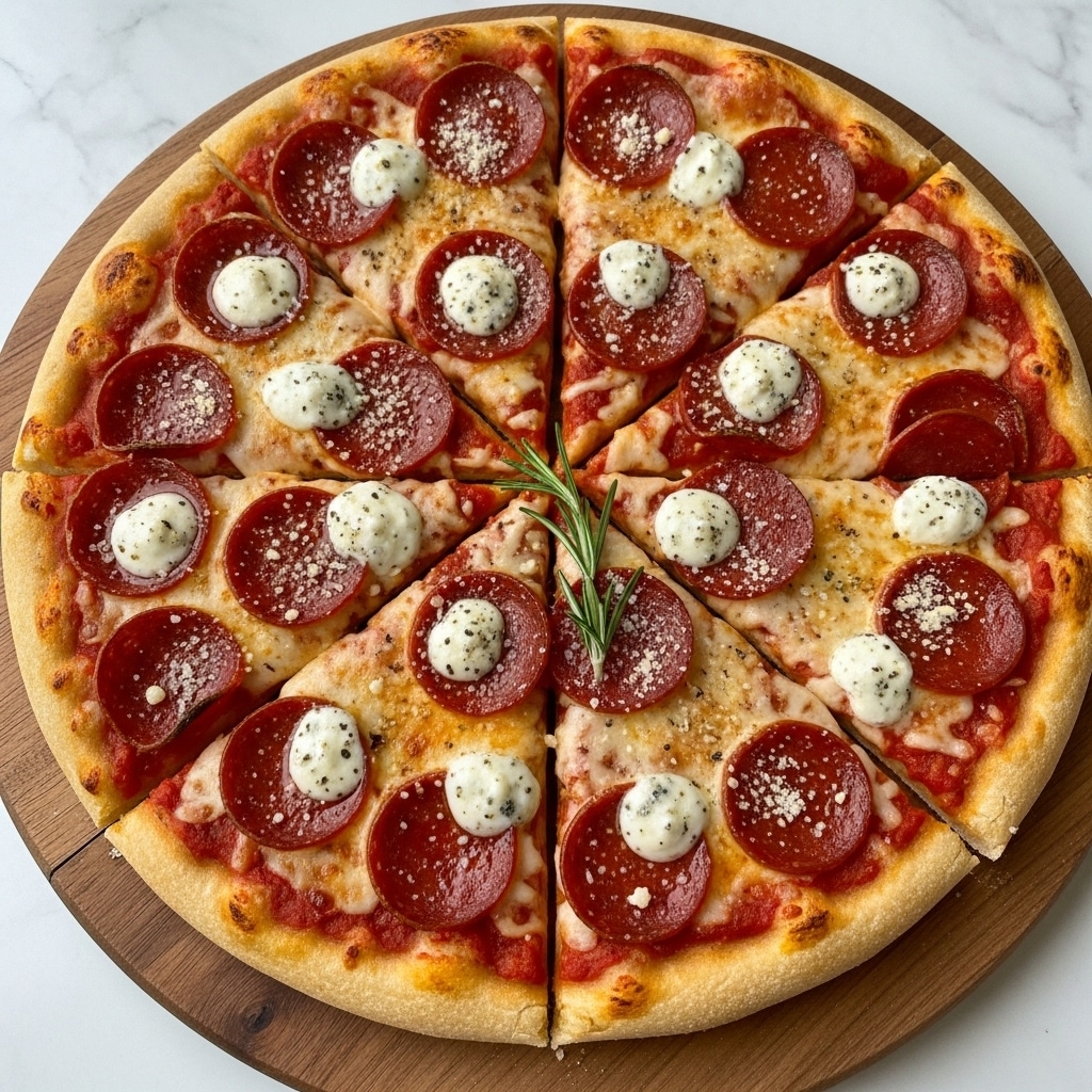 A round pizza cut into six slices sits on a wooden board. The base layer is golden-brown crust topped with a bright red tomato sauce, covered by a melted, slightly browned layer of cheese. On top, there are many round, dark red pepperoni slices evenly spread out on each slice. Scattered dollops of white and blue-veined cheese are spread over the pepperoni, along with a light powdering of grated cheese. Two small green rosemary sprigs lay across one slice near the center. The scene has a white marbled surface in the background. Photo taken with an iphone --ar 4:5 --v 7
