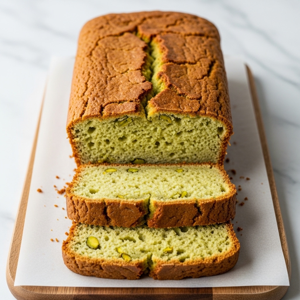 A rectangular loaf cake with a cracked, golden brown crust sits on a white parchment paper, placed on a wooden cutting board against a white marbled texture. The cake is sliced twice at the bottom, revealing two layers of soft, light green interior with a slightly spongy texture and small darker green spots scattered throughout. The top crust is thick and cracked, showing a contrast between the outer crust and the moist inside. Photo taken with an iphone --ar 4:5 --v 7