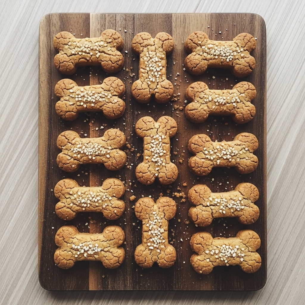 There are fourteen bone-shaped cookies arranged on a rectangular wooden cutting board. The cookies are golden brown, with a slightly rough texture and small granules sprinkled on top. The board shows some cookie crumbs scattered around the cookies. The cutting board sits on a wooden surface. Photo taken with an iphone --ar 4:5 --v 7