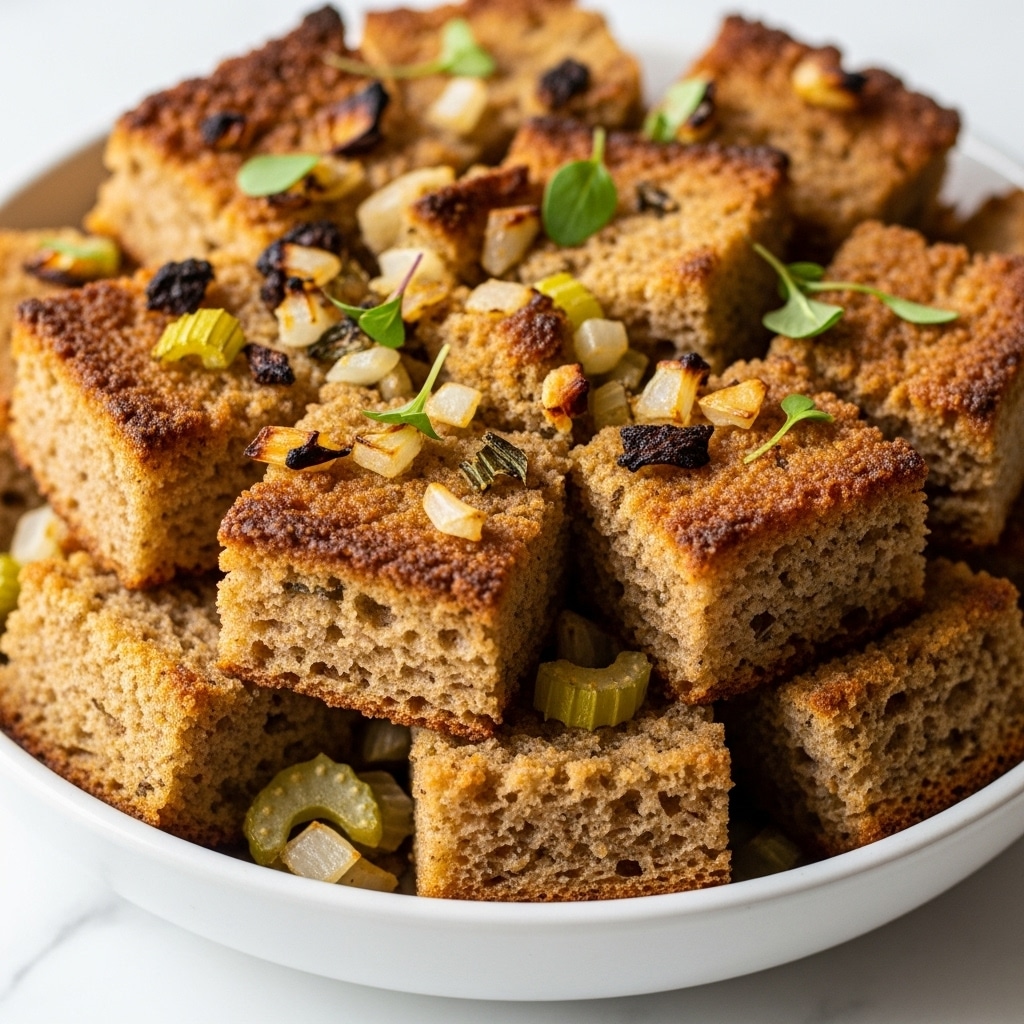 The image shows a close-up of a baked stuffing dish in a white ceramic rectangular baking dish with rounded handles. The stuffing has a rough, crumbly texture with golden-brown toasted bread chunks unevenly spread on the surface. Small bright green celery pieces and fresh parsley leaves are scattered on top, adding color contrast. Some darker browned spots indicate crispy edges from baking. The shallow depth of field puts the focus on the stuffing’s crunchy, textured top layer, while the background is softly blurred with hints of kitchen items on a white marbled surface. Photo taken with an iphone --ar 4:5 --v 7