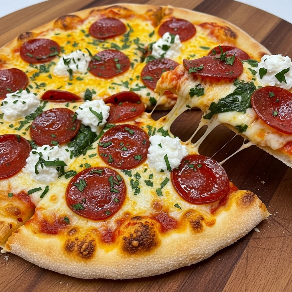 A close-up view of a round pizza resting on a wooden board, showing one slice being pulled away. The pizza has three main layers: a golden brown crust with a slightly crisp texture at the edges, a layer of melted yellow-orange cheese spread evenly above the crust, and on top, several slices of glossy dark red pepperoni, white dollops of ricotta cheese scattered across, and sprinkled chopped green herbs. The herbs and pepperoni provide a mix of dark green and red colors that contrast with the creamy white cheese. Photo taken with an iphone --ar 4:5 --v 7