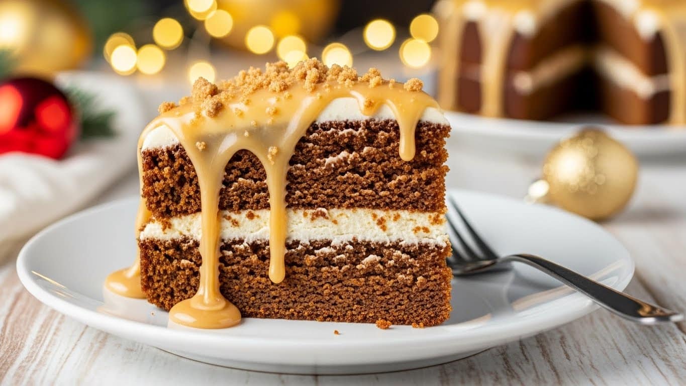 A close-up of a two-layer moist carrot cake slice on a white plate, each brown cake layer separated by a thick, creamy white frosting layer. The top is covered with a generous drizzle of white and caramel-colored glaze that spills down the sides, with some crumbly topping sprinkled over the glaze. A fork sits on the right side of the plate, set against a softly blurred warm background with holiday lights and decorations. The whole scene rests on a wooden table with a white marbled texture beneath. Photo taken with an iphone --ar 4:5 --v 7