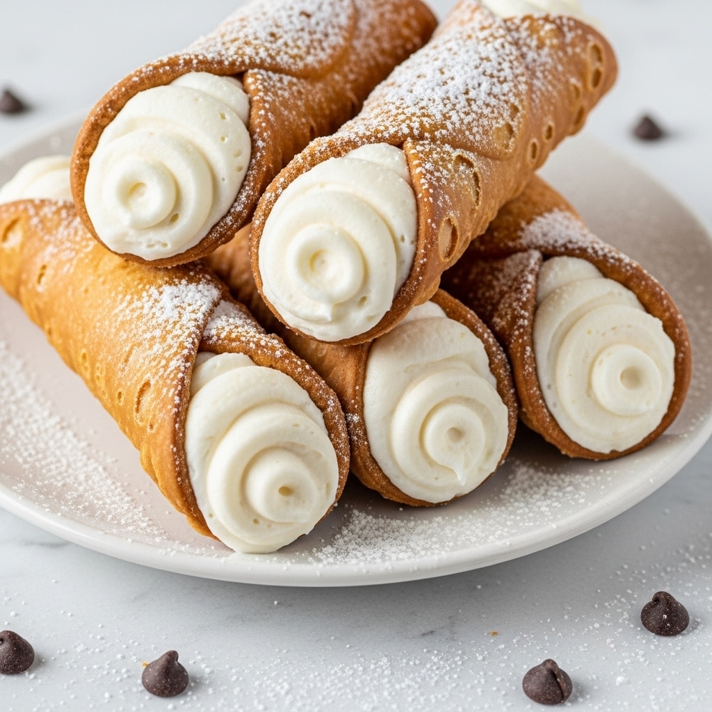 The image shows four golden-brown cannoli shells filled with creamy, white ricotta filling, arranged closely together on a white plate. Each shell is dusted with a light layer of powdered sugar, adding a soft texture on top. The filling slightly overflows the ends, showing a smooth, thick consistency with subtle swirls. The plate is set on a white marbled surface sprinkled lightly with powdered sugar and a few dark chocolate chips scattered nearby. The overall look is warm and inviting, focusing on the contrast between the crispy shell and the creamy filling. photo taken with an iphone --ar 4:5 --v 7