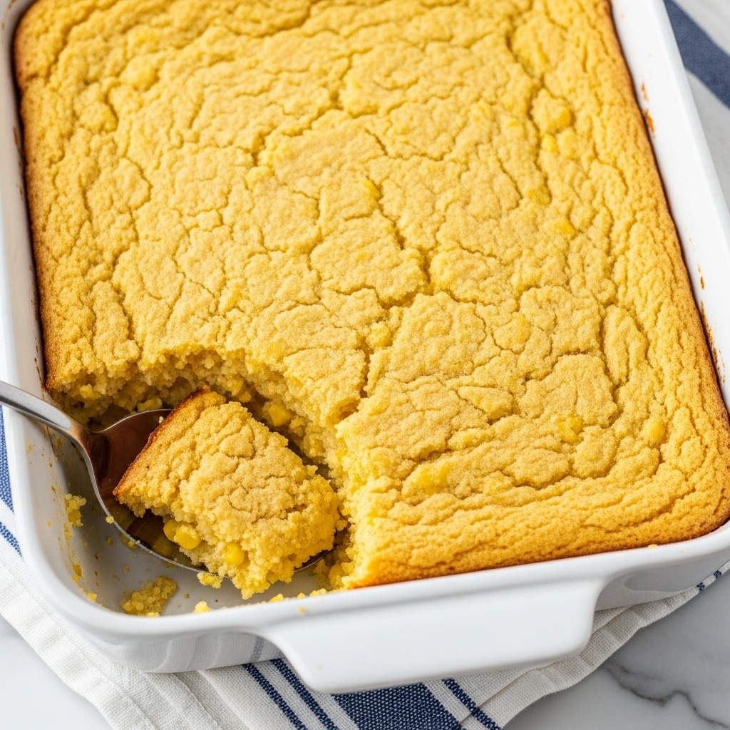 The image shows a white ceramic baking dish filled with a golden yellow cornbread casserole that has a slightly crumbly top layer with visible small cracks. A large spoon is scooping out a portion from the bottom left corner of the dish, revealing the moist and slightly chunky inside with bits of corn embedded. The mixture inside looks soft and creamy with a coarse texture. The dish rests on a white marbled surface with a blue and white striped cloth partially visible underneath. Photo taken with an iphone --ar 4:5 --v 7