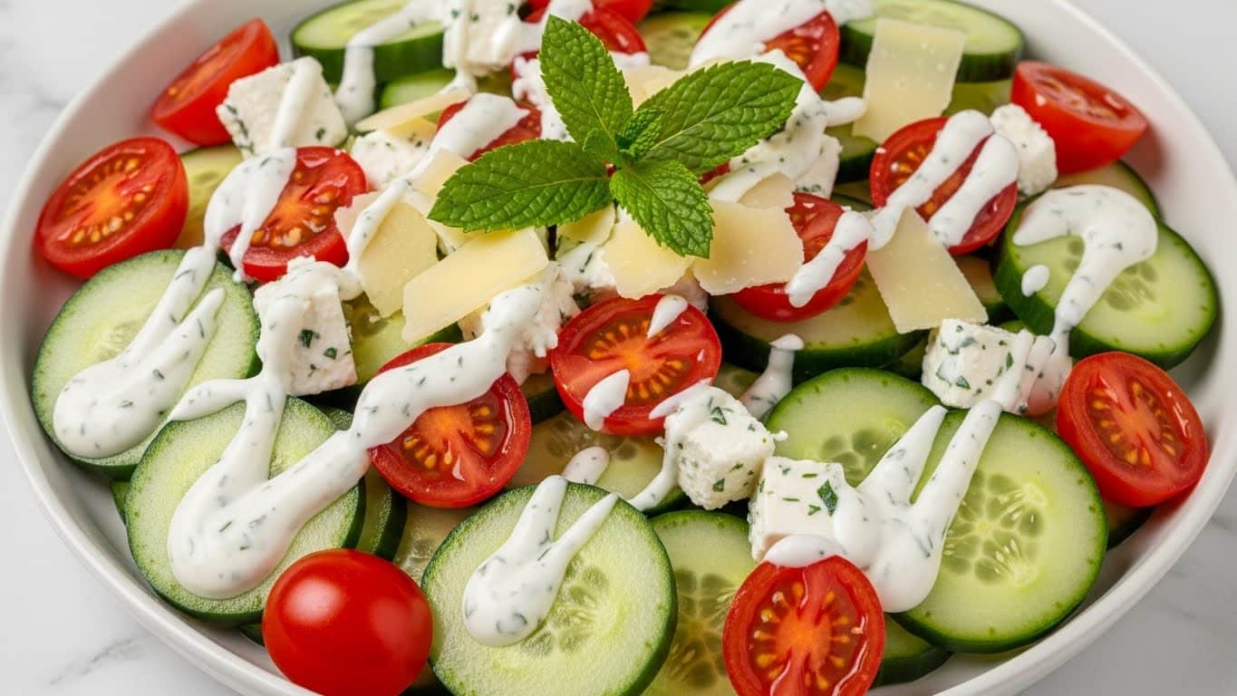 A fresh salad is shown in a white bowl on a white marbled surface. The bottom layer is made of thin, round, green cucumber slices with a shiny wet texture. On top of the cucumbers, there are halved bright red cherry tomatoes scattered throughout. White creamy dressing with green herb specks is drizzled over the salad in generous dollops, covering many pieces. Small chunks of white cheese with herbs mixed in are mixed through the salad. Light yellow shaved cheese pieces are sprinkled on top, adding texture. The salad is finished with a green mint leaf garnish placed in the center. photo taken with an iphone --ar 4:5 --v 7