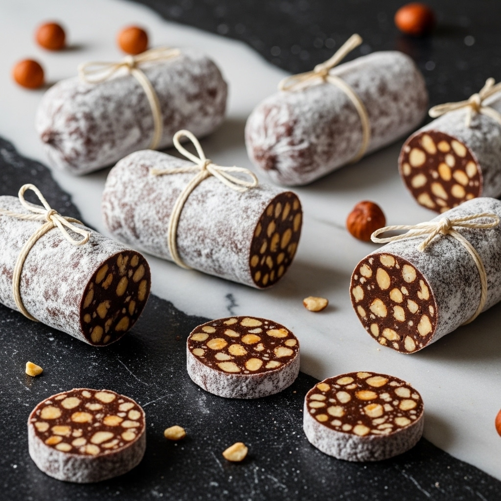 Several dark brown cylindrical chocolate salami pieces wrapped with light beige string sit scattered on a dark surface with a white marbled texture. Each cylinder is coated lightly with white powder, giving a frosted look. Some of the chocolate salami are whole, while others are sliced into thick round pieces, revealing a dense texture mixed with scattered light tan nut bits inside. Small nut pieces are spread around the scene, adding a rustic touch to the composition. photo taken with an iphone --ar 4:5 --v 7