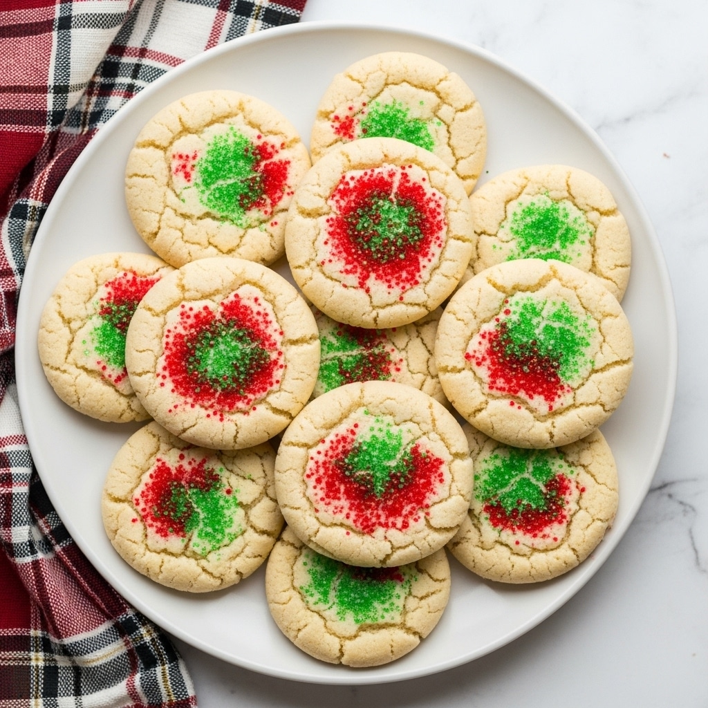 A white plate holds a stack of round sugar cookies, each cookie light beige in color with a slightly cracked surface. The top of every cookie is covered with small red and green sugar sprinkles, concentrated more toward the center and spreading outwards unevenly. The cookies slightly overlap, forming a circular pile. The plate sits on a white marbled textured surface with a red, black, and white plaid cloth partially visible on the left side. photo taken with an iphone --ar 4:5 --v 7