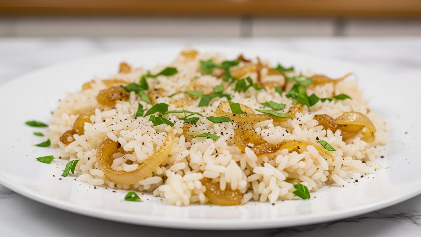 A close-up of a plate with a single layer of cooked white rice mixed with caramelized light brown onions and small green chopped herbs scattered evenly on top. The rice grains are soft and separate, with a light shine, and some black pepper flakes are sprinkled across the dish. The plate is white and placed on a surface with a white marbled texture. The background is a blurred kitchen setting with warm lighting. photo taken with an iphone --ar 4:5 --v 7