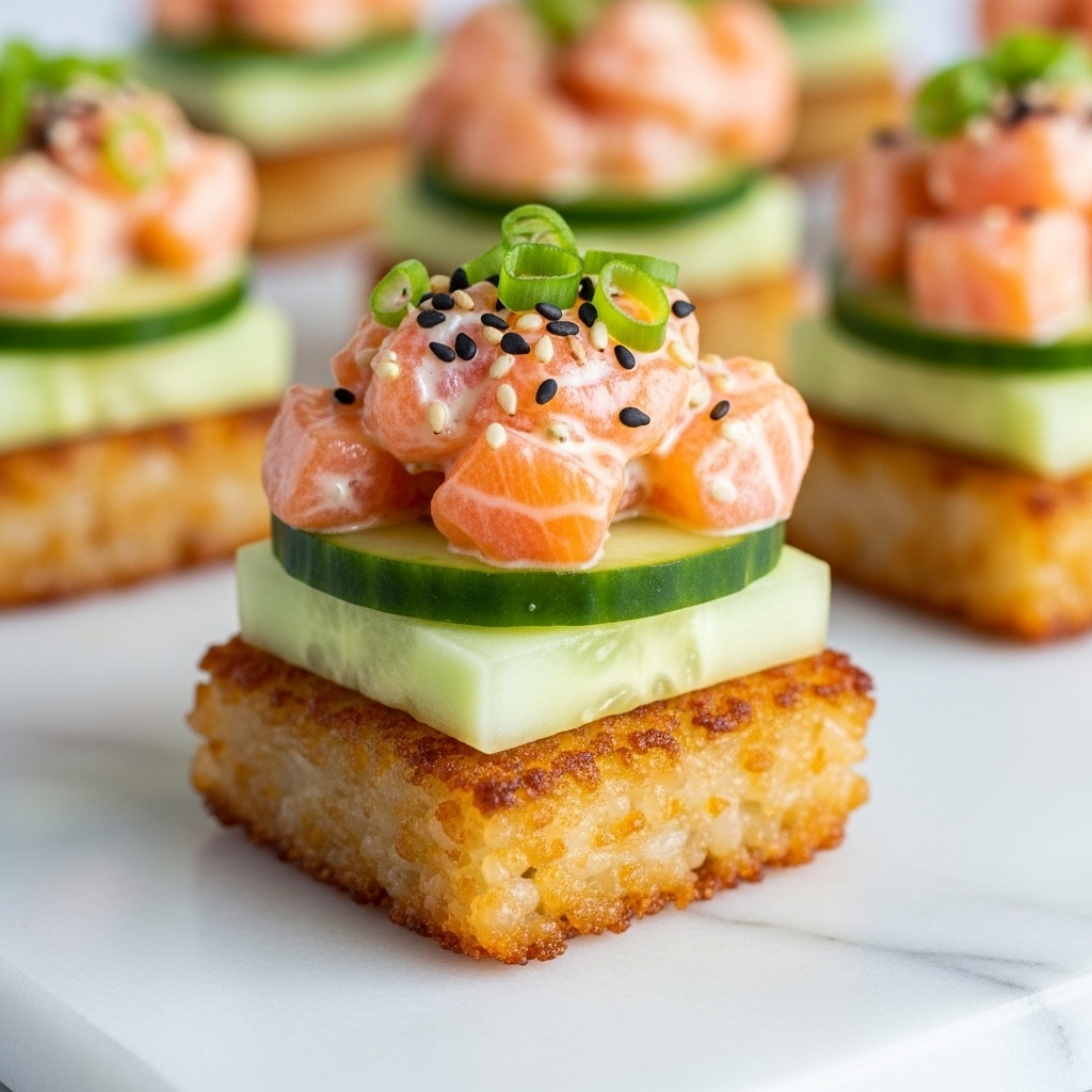 This image shows a small square sushi stack with three layers on a white marbled surface. The bottom layer is a crispy, golden-brown fried rice cake with visible grains and a crunchy texture. The middle layer is a smooth, thin slice of light green cucumber, adding a fresh contrast. The top layer has a creamy mixture of diced, bright orange salmon pieces coated in a light sauce, garnished with small black and white sesame seeds and thinly sliced green scallions. In the background, there are more sushi stacks slightly out of focus. photo taken with an iphone --ar 4:5 --v 7