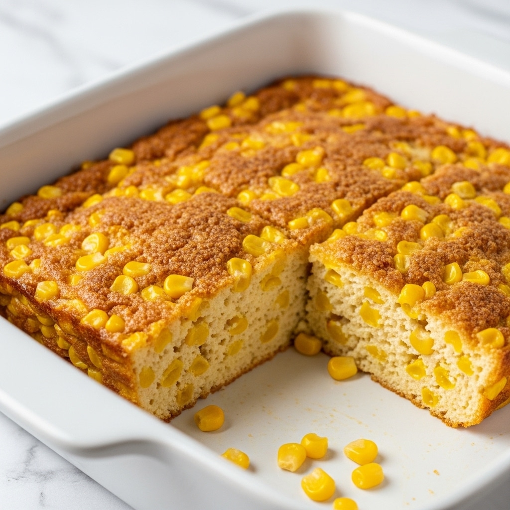 This image shows a deep, square dish filled with a thick corn casserole that has been cut into a square piece, revealing its moist and fluffy inside. The casserole has a golden-brown crust on top with a slightly crispy texture, scattered with bright yellow corn kernels throughout the soft, crumbly inner layer. Some juicy corn kernels are also visible near the bottom of the cut piece on the dish. The dish is white and the background features a white marbled texture. photo taken with an iphone --ar 4:5 --v 7
