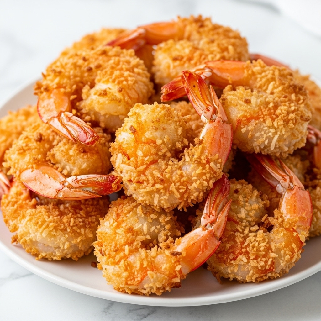 A white plate piled high with golden-brown coconut shrimp, each shrimp coated in a crispy, textured coconut crust that is crunchy on the outside with some uneven, jagged edges. The shrimp tails are deep orange and curved, sticking out from the coconut coating, adding contrast to the golden color. The shrimp are stacked in a way that creates a sense of fullness and abundance on the plate. The background is softly blurred with a white marbled texture visible beneath the plate. photo taken with an iphone --ar 4:5 --v 7