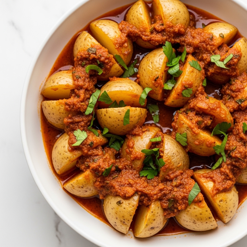 This image shows a bowl of cooked baby potatoes cut in halves, covered in a thick, rich sauce with a reddish-brown color and visible herbs and spices. The potatoes are arranged in a circular pattern, with the sauce evenly coating them and pooling slightly at the bottom of the bowl. Fresh green chopped herbs are scattered on top, adding a vibrant contrast to the warm tones of the dish. The bowl is white and placed on a white marbled surface. The photo focuses closely on the dish, highlighting the texture and colors of the sauce and potatoes. Photo taken with an iphone --ar 4:5 --v 7