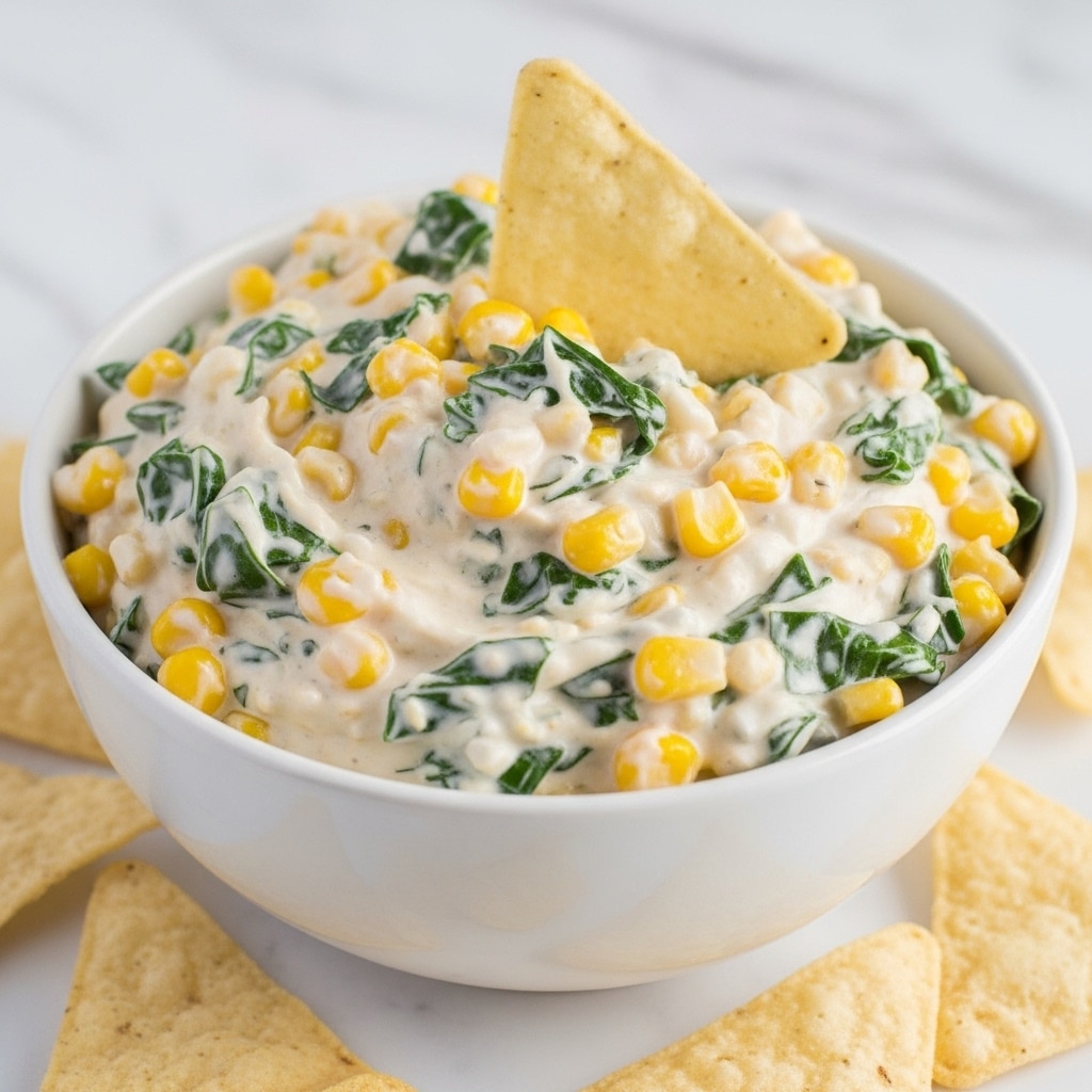 A white bowl filled with a creamy dip that has visible chunks of yellow corn and dark green leafy pieces mixed throughout. The dip has a thick, smooth texture with some small white bits. There is one large triangular chip standing upright in the dip near the back edge of the bowl, and several light beige triangular chips scattered around the base of the bowl on a white marbled surface. Photo taken with an iphone --ar 4:5 --v 7