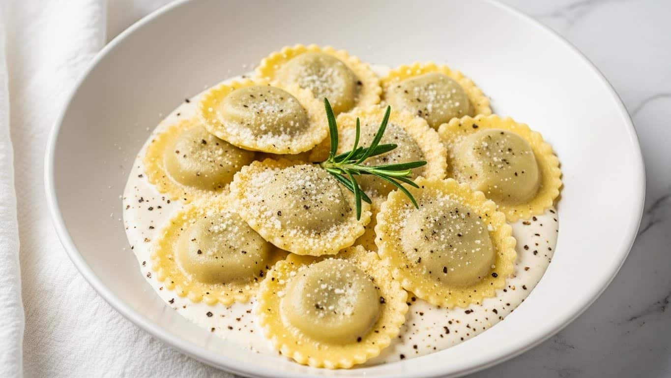 A white bowl filled with seven pieces of light golden ravioli with ridged edges sitting in a creamy white sauce that partially covers the bottom. The ravioli are sprinkled with finely grated white cheese and black pepper flakes. A fresh green rosemary sprig rests on top, adding a touch of color and texture. The bowl is on a white marbled surface with a white cloth nearby, creating a cozy and inviting setting. photo taken with an iphone --ar 4:5 --v 7