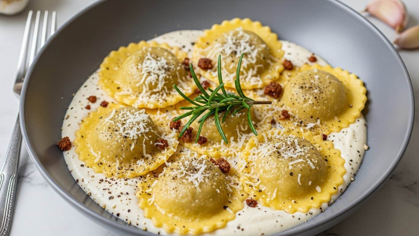A grey bowl holds six large, golden ravioli pieces with crisp, ruffled edges, sitting in a thick, creamy white sauce that spreads across the bowl's base. On top of the ravioli, there is a sprinkling of finely grated white cheese and small brown crunchy crumbs, with specks of ground black pepper scattered around. A fresh green sprig of rosemary rests in the center, adding color and texture contrast. The bowl is set on a white marbled surface, with a silver fork and garlic visible in the blurry background. photo taken with an iphone --ar 4:5 --v 7