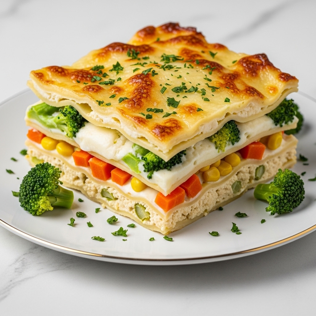 A thick square piece of lasagna with four visible layers sits on a white plate with a thin gold rim, atop a white marbled surface. The top layer is golden-brown with melted cheese browned in spots and sprinkled finely with green herbs. The second layer shows melted, gooey white cheese mixed with chunks of green broccoli, creating a soft, creamy texture. The third layer has a mix of creamy melted cheese, bright orange carrot cubes, and yellow corn kernels, adding bursts of color and texture. The bottom layer features a mix of cheese and small vegetable pieces in a soft, light texture. Around the plate are small broccoli pieces and scattered finely chopped green herbs. photo taken with an iphone --ar 4:5 --v 7