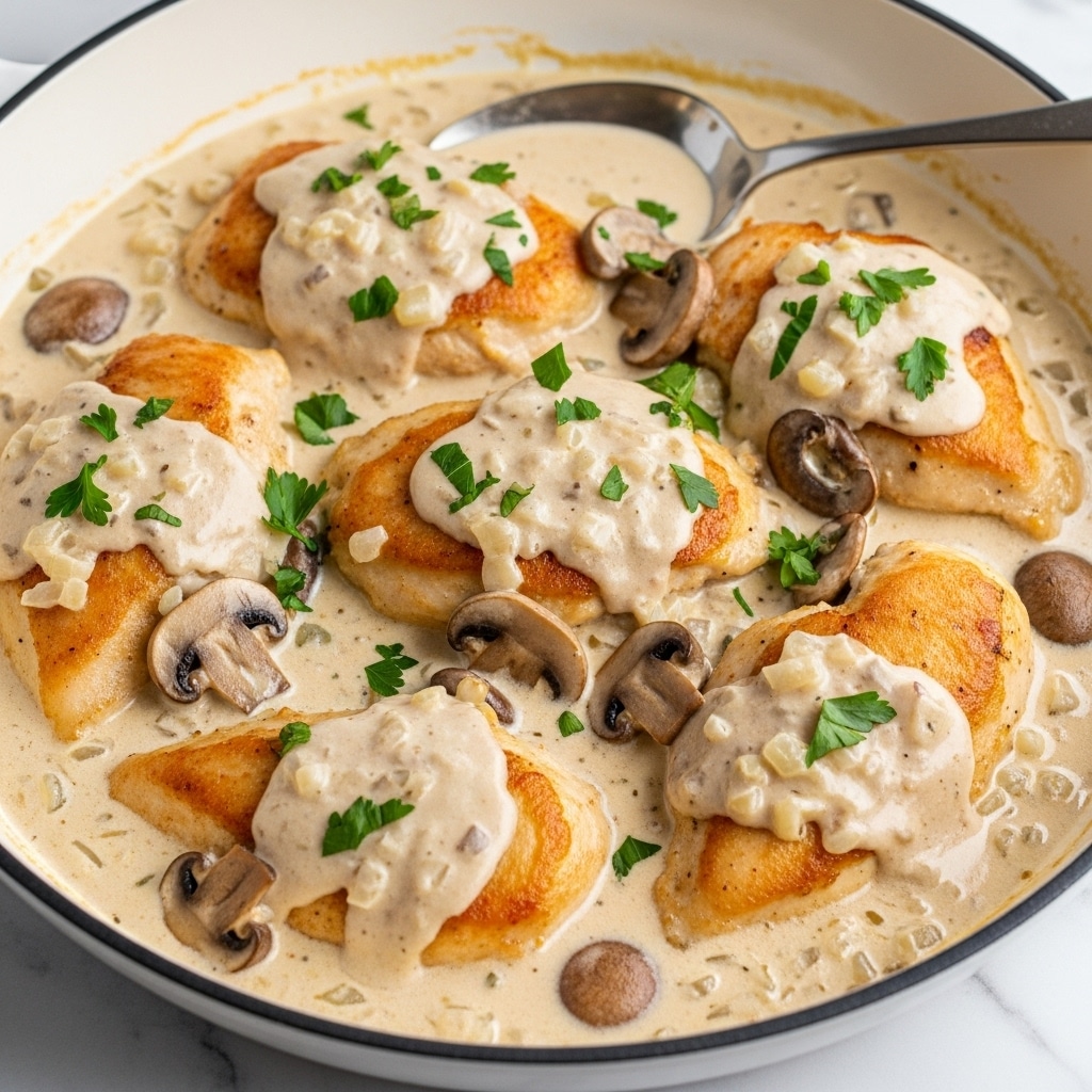 A close-up of a white pan filled with a creamy sauce that covers six golden-brown chicken breasts. The sauce is light beige with a smooth texture and speckled with small bits of herbs and onions. Scattered among the chicken pieces are whole and sliced brown mushrooms, adding a dark brown contrast. Fresh green parsley is sprinkled on top, giving a fresh bright touch. The pan is placed on a white marbled surface, and a silver spoon rests inside the pan at the back. Photo taken with an iphone --ar 4:5 --v 7