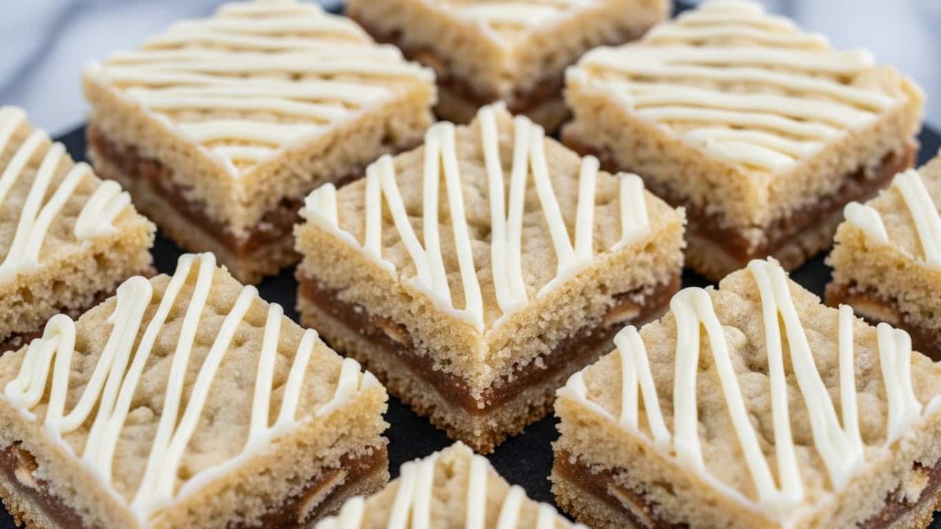 The image shows several square bars arranged closely on a dark surface with a white marbled texture. Each bar has two layers: the base layer is a light beige, dense yet slightly crumbly cake-like layer with visible crunchy cookie pieces mixed inside, giving a rugged texture. On top of each square is a smooth white drizzle spread across in diagonal lines, adding a glossy, creamy contrast to the rougher textured bottom. The bars are neatly cut with even edges, and the drizzle has a thick, almost creamy look. Photo taken with an iphone --ar 4:5 --v 7