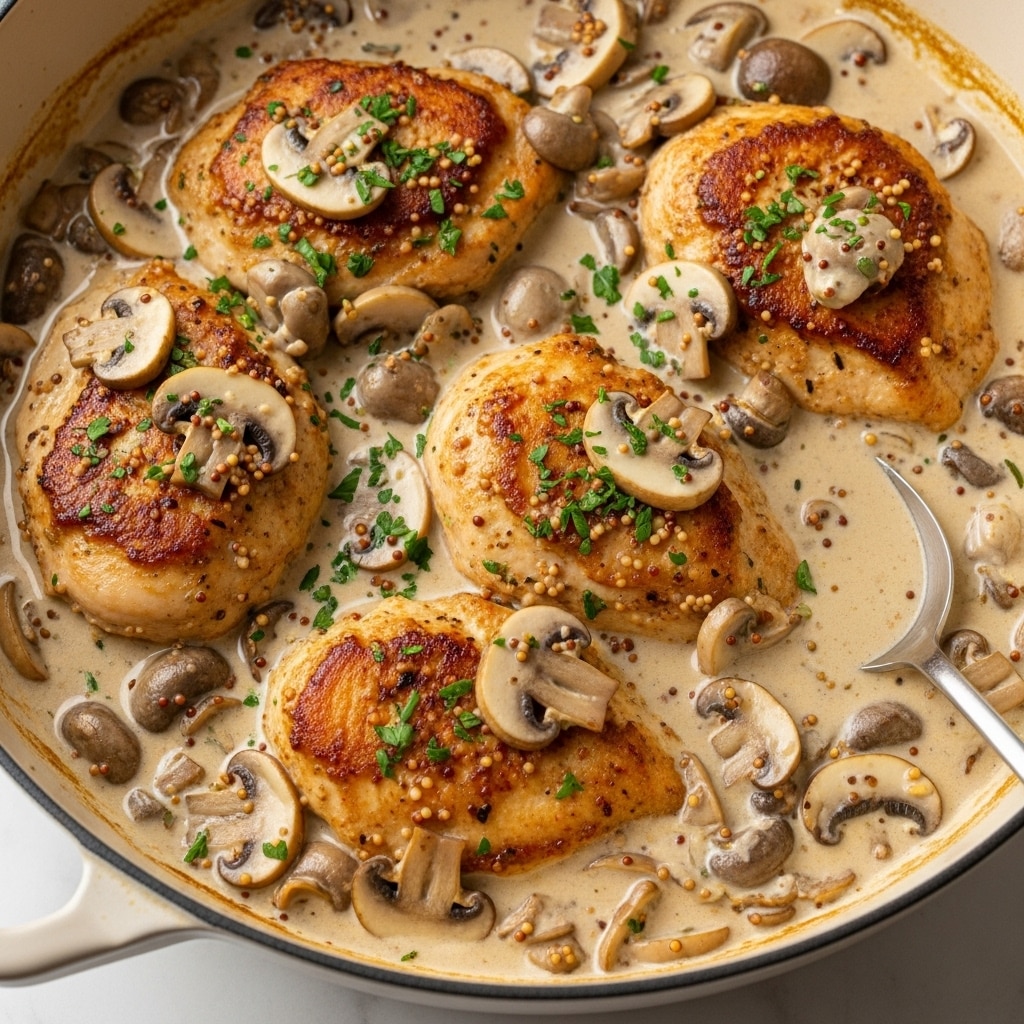 The image shows a close-up of several browned chicken breasts layered in a creamy beige sauce filled with whole and sliced brown mushrooms. The sauce has a thick, smooth texture with tiny mustard seeds and green herbs sprinkled on top, adding bright green contrasts. A silver spoon is partially submerged on the right side of the creamy sauce. The dish is inside a large light beige pot, sitting on a white marbled surface. photo taken with an iphone --ar 4:5 --v 7