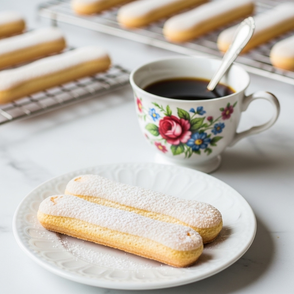 The image shows a white plate with two long, light brown ladyfinger cookies dusted with powdered sugar on top. Behind the plate is a vintage floral teacup filled with dark coffee, decorated with pink, red, yellow, and blue flowers and green leaves, with a silver spoon inside. The setting is on a white marbled surface with blurred background elements including more powdered cookies on a cooling rack. Photo taken with an iphone --ar 4:5 --v 7