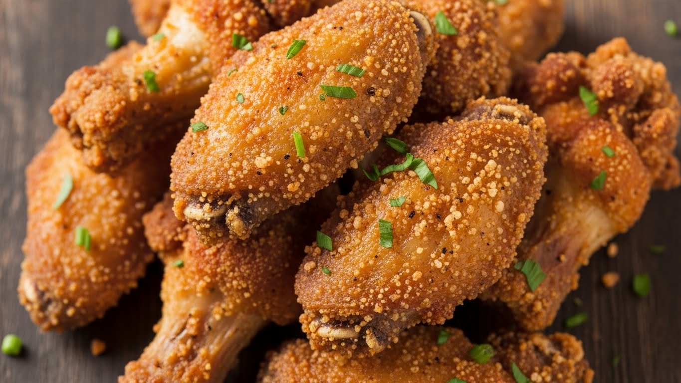 A close-up view of crispy fried chicken wings piled together, showing multiple layers of rich golden-brown coating with a crunchy texture, some small green herbs sprinkled on top for color contrast, the surface of the chicken wings is shiny, suggesting a light glaze or oil coating. photo taken with an iphone --ar 4:5 --v 7