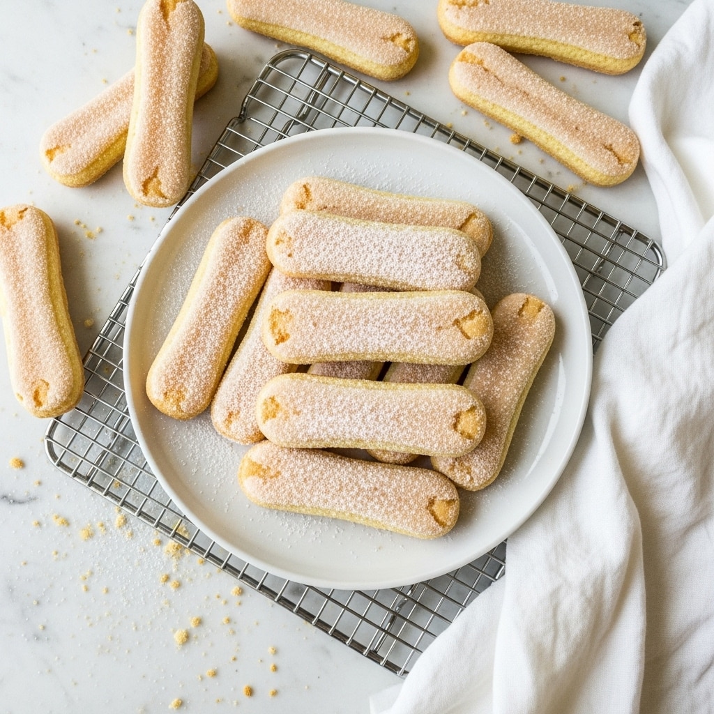 A white plate filled with about ten ladyfinger biscuits, each lightly dusted with powdered sugar, showing a pale golden brown texture with a soft, airy look; the plate rests on a silver cooling rack, placed on a white marbled surface scattered with crumbs, surrounded by several more ladyfingers lying loose in the upper and left parts of the image, next to a casually folded white cloth. photo taken with an iphone --ar 4:5 --v 7