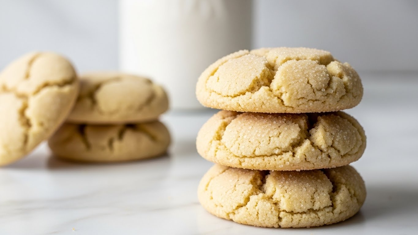 A stack of three light golden, soft sugar cookies are placed in the front on a white marbled surface, showing a slightly cracked and sugar-coated texture on top. Behind them, there is a blurred white jar, and to the left side, two more cookies are leaning on each other. The cookies have a smooth round shape with subtle creases and a soft, chewy appearance. Photo taken with an iphone --ar 4:5 --v 7