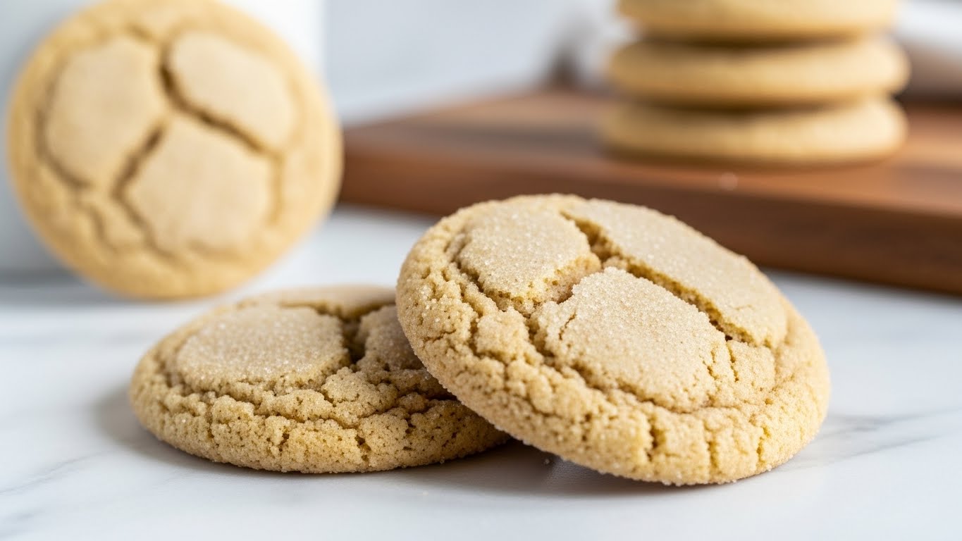 Two soft, round sugar cookies with a light golden color rest on a white marbled surface, showing subtle texture and a slightly cracked top. In the background, there are more cookies stacked leaning against a blurred white container, and a wooden board adds a natural touch just behind the cookies. The cookies have a powdery sugar coating that catches light softly, making them look fresh and inviting. photo taken with an iphone --ar 4:5 --v 7