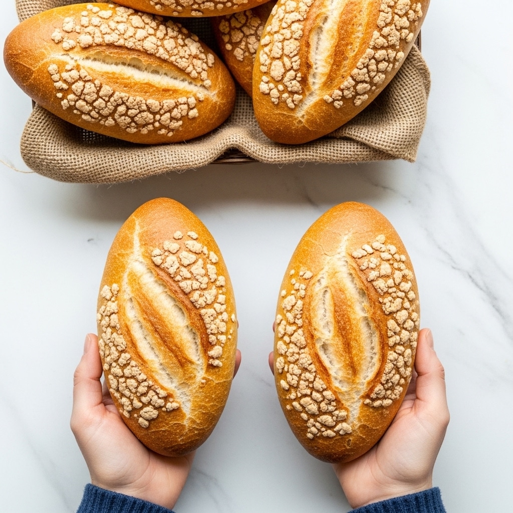Two golden brown bread loaves with a crunchy, cracked crust and two long diagonal cuts on top are each held in a woman's hands against a white marbled surface. In the upper corners, more similar ovals of bread rest partly inside a basket lined with burlap. The bread looks freshly baked with a light, soft inside visible in the cuts. Photo taken with an iphone --ar 4:5 --v 7