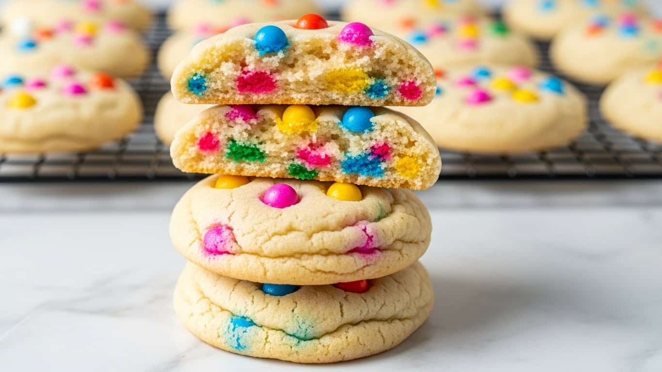A stack of four soft sugar cookies with colorful round sprinkles on top and inside, showing a light beige dough with a soft texture, two cookies at the bottom whole and the top two cookies roughly broken in half, all sitting on a black cooling rack on a white marbled surface, with more cookies blurred in the background. photo taken with an iphone --ar 4:5 --v 7